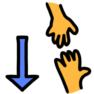 Two yellow hands, one reaching out to the other for support, and the other reaching to give assistance.  To the left is a blue downwards arrow.